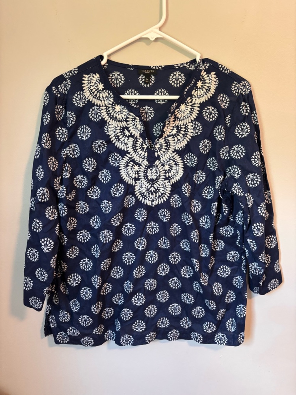 Talbots Navy and White Embroidered Top